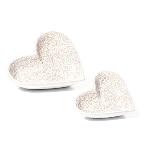 Image of Carousel Home Set of 2 Floral Heart Trinket Dishes | 2-piece White Stoneware Jewellery Dishes with Embossed Flower Design for Bedroom Decor