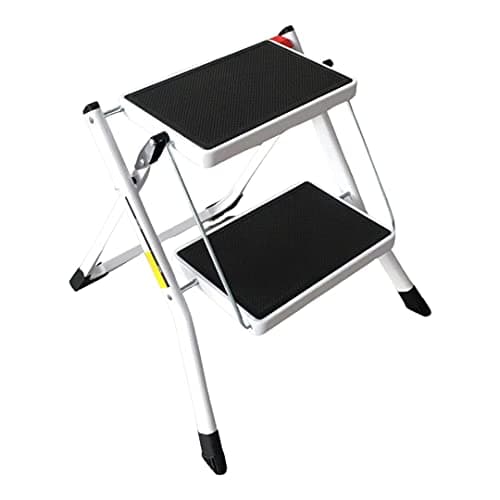 Image of REQUISITE NEEDS Foldable 2 Step Ladder Compact Heavy Duty Steel Portable with Anti-Slip Stable for Kitchen Home Adult 150KG Capacity Black