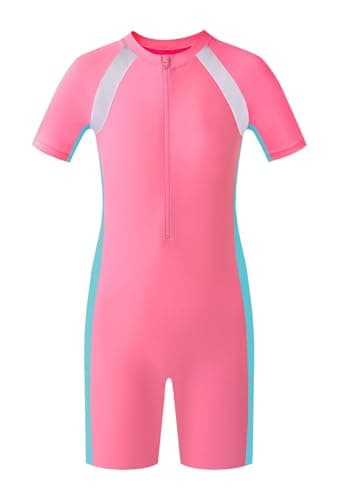 Image of JiaYouLC Kids One Piece Swimming Costume 6-15 Girls Boys Swimming Suits (UK, Age, 8 Years, 10 Years, Regular, Pink)