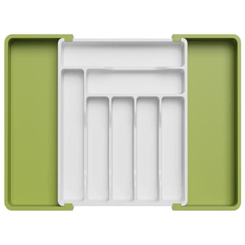 Image of Lifewit Extendable Cutlery Drawer Organiser, Adjustable Cutlery Tray, Utensil Holder for Forks, Spoons, Knives, Plastic Kitchen Organiser and Storage, 9 Compartment, 33-57 x 38cm, Green& White