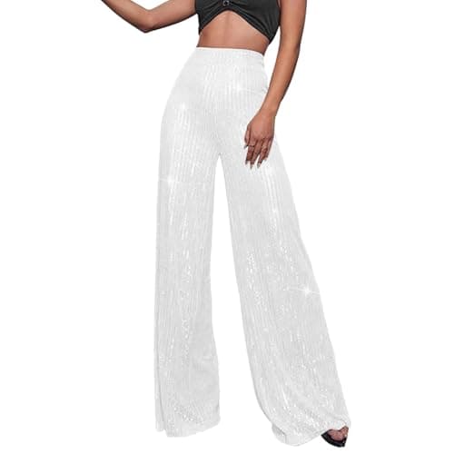 Image of Womens Petite Sequin Trousers Sequin Trousers for Women UK Plus Size Wide Leg High Elastic Waisted Loose Trouser Glitter Casual Drape Bottoms Wear Glitter Solid Colour Stretch Pants Womens Wide Leg