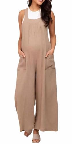 Image of FEOYA Womens Maternity Oversized Sleeveless Jumpsuits Loose Overalls with Pocket Rompers Casual Summer Harem Pants One Piece Khaki S