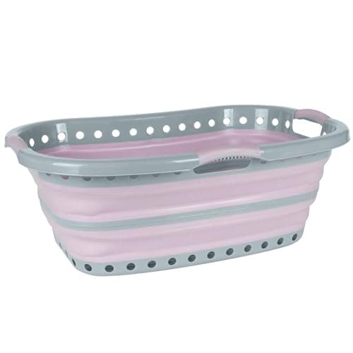 Image of Russell Hobbs LA083555PNKEU7 Collapsible Hip Hugger 37 Litre Laundry Basket, Curved Shape, Non-Slip Handles, Portable & Lightweight, Compact For Easy Storage, Pink/Grey