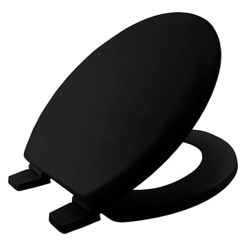Image of BEMIS Chicago Black Toilet Seat. Wooden Toilet Seat with Water Based Paint for Easy Clean. Oval Shape, with Adjustable Plastic Hinges, Universal & Easy Installation, Black