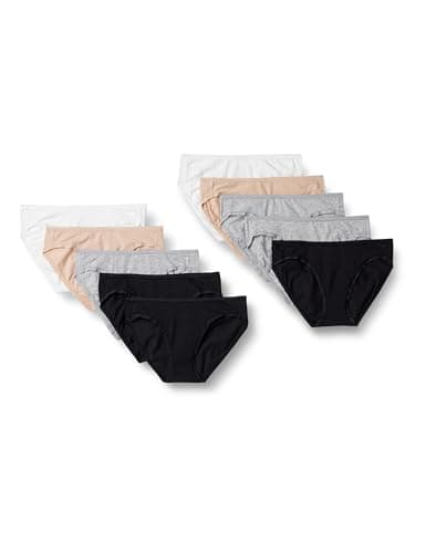Image of Amazon Essentials Women's Cotton Bikini Brief Underwear (Available in Plus Size), Pack of 10, Black/Grey Heather/Light Pink/White, 10