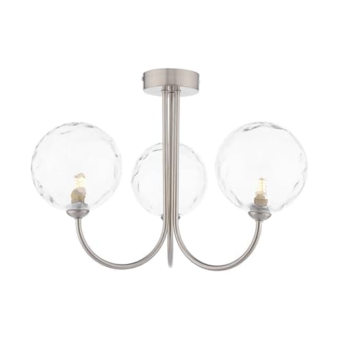 Image of DAR Jared 3 Light Semi-Flush Ceiling Light, Satin Nickel with Clear Dimpled Glass, Scandi Style, 330mm Height, Indoor, AC Powered