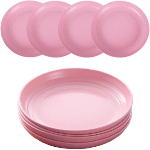 Image of MaoMaoCha Plastic Plates Reusable Set of 4, 20 cm Unbreakable Dinner Plates, Lightweight Camping Plate for Picnic, Salad, Pasta, Party, Home, Office, Dishwasher & Microwave Safe (Pink)