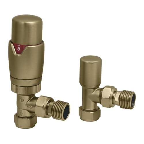 Image of Thermostatic Radiator Valves and Angled Lockshield Valve - Classy and Modern Design 1/2" x 15mm Angled Radiator Valves (Brushed Brass)