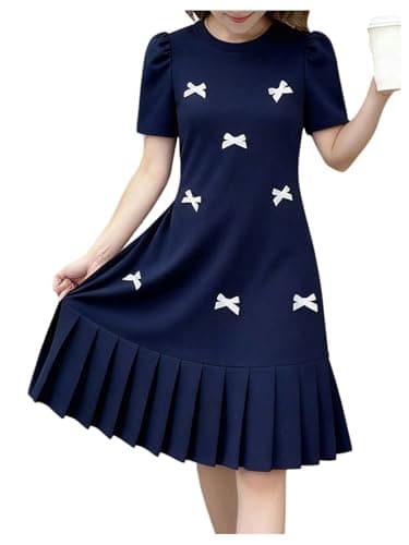 Image of GORGLITTER Girl's Summer Party Dresses Bow Crewneck Puff Short Sleeve A Line Pleated Short Special Occasion Dress Age 8-12 Years Royal Blue 10Y