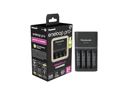 Image of Panasonic eneloop SmartPlus charger for 1–4 AA/AAA NI-MH batteries, with 4 LED indicators and 10 safety functions, includes AA batteries, min. 2500 mAh, black, 52055E40.