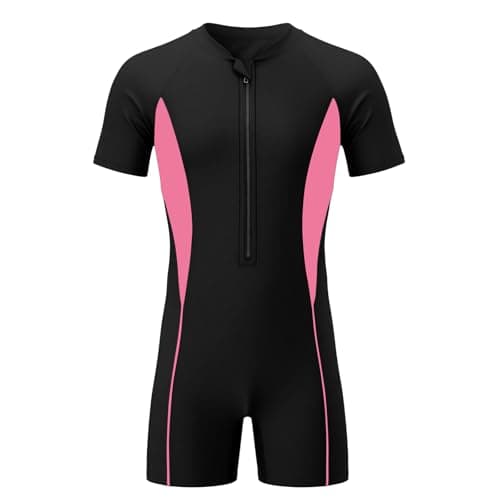 Image of Kids One Piece Swimsuit with Zip, Short Sleeve Rash Guard Style, Stretchy Swimwear for Boys and Girls (UK, Age, 12 Years, 14 Years, Regular, Pink)