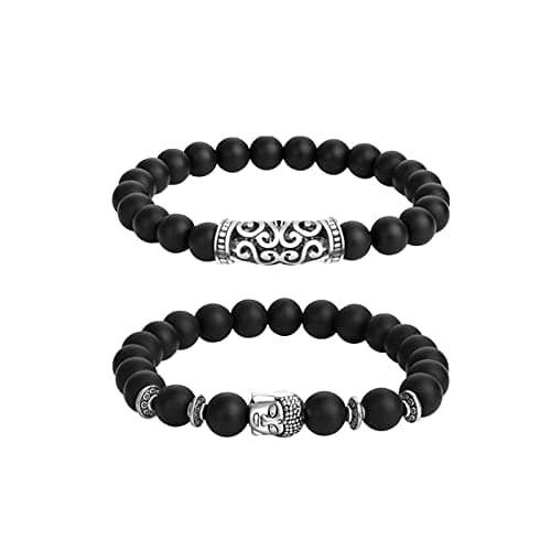 Image of Bracelet for Women 2pcs/ set Buddha Beads Bracelet For Women Men Black Lava Tiger Eyes Stone Bracelets Charm Bangles Buddhism (Black, One Size)
