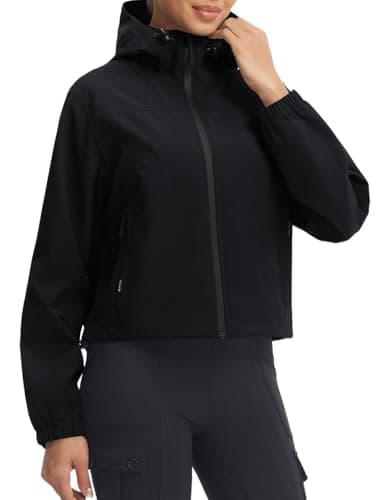 Image of baleaf Womens Cropped Water Resistant Jackets with Hood Packable Rain Coat Windbreaker Lightweight for Outdoor Hiking Walking Running Black M