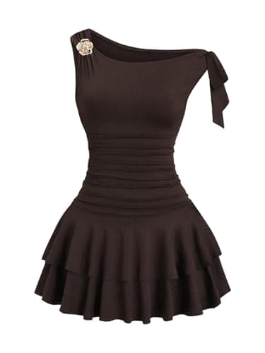 Image of GORGLITTER Women's One Off Shoulder Tiered Ruffle Mini Dresses Tie Knot Sleeveless 3D Floral Metal Ruched Rave Dress Coffee Brown Medium