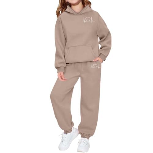 Image of duxyoz Girls Sweatsuit 2 Piece Jogger Sets Kids pullover Sweatshirts & Sweatpants Tracksuits Set winter warm casual outfit hoodies trousers suit Beige 12-13 Years