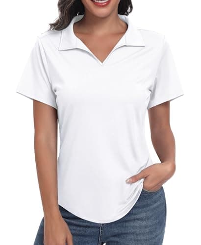 Image of JoyGirl Women's Short Sleeve Golf Polo Shirts UPF 50+ V-Neck T Shirts Lightweight Sports Tennis Shirts Moisture Wicking Gym Tops (White,L)