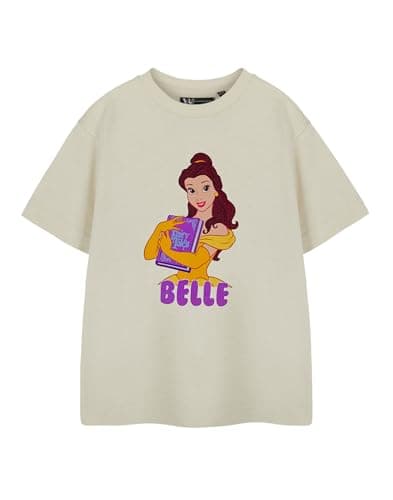 Image of Disney Princess Belle Girls Short Sleeved Graphic Tee | Oatmeal Princess Belle T-Shirt for Kids | Beauty and the Beast Cartoon Apparel Movie Merchandise Gift for Children & Fans