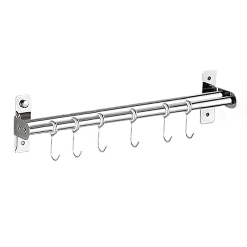Image of Auliuse Kitchen Utensil Rack Wall Mounted 15.75in Stainless Steel Kitchen Utensil Rail with 6 Hooks Pan Hanging Rail Storage Cooking Utensils Holder Wall for Cooking Tools Pot Cup