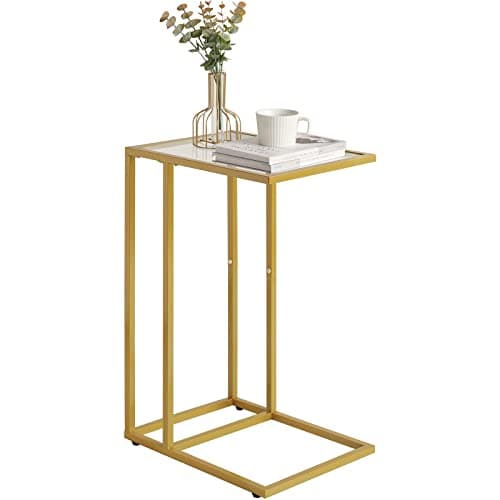 Image of YMYNY C Shaped End Table, Tempered Glass Snack Side Table for Small Space with Metal Frame, Narrow Couch Table, for Living Room, Bedroom, Modern Style, 40×30×63CM Gold HGD001G