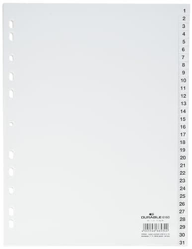 Image of Durable Index Files Labled 1-31 - Pre Printed Tabs with Universal Punching - Pack of 1 White Index Sheets - Organise Your Important Documents
