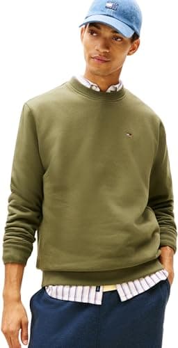Image of Tommy Jeans Men's TJM Reg S Flag Crew Ext Dm0Dm20741 Pullover Sweatshirt, Green (Dark Greenery), XS