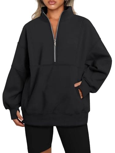 Image of Famulily Women's Oversized Sweatshirts Casual Long Sleeve Fleece Pullover Sweaters Quarter Zip Tops with Pockets Black L