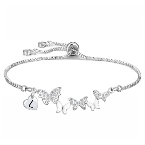 Image of Yumioxa Butterfly Bracelets Women Gift Butterfly Jewellery for Her Women Silver Adjustable Ladies Daughter Girls Bracelets Capital 26 Letters Bracelets Crystal Jewelry Birthday Anniversary X'mas (L)