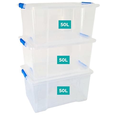 Image of Klass Home Collection 3 x 50 Litre Storage Boxes with Lids Set of 3, Clip-Lock Lid, Sturdy 50L Clear Stackable Plastic Storage Box With Lid Containers For Home, Kitchen, Moving, Garage & Office