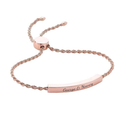 Image of Qina C. Personalized Custom Text Laser Engrave Name Date Love Note IP Rose Gold Tone Bar Dainty Slider Adjustable Bar Charm BR Women Jewerllry gift f/Her Wife Valentines Day