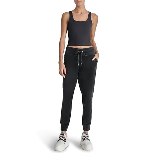 Image of DKNY Women's Rhstn Logo Jogger, Black, Medium, Black, M