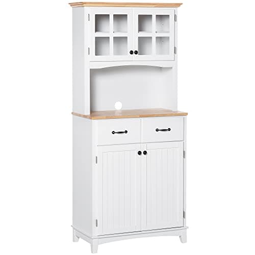 Image of HOMCOM Freestanding Kitchen Cupboard, Kitchen Storage Cabinet with Framed Glass Doors, 2 Drawers, Microwave Counter, 172cm, White