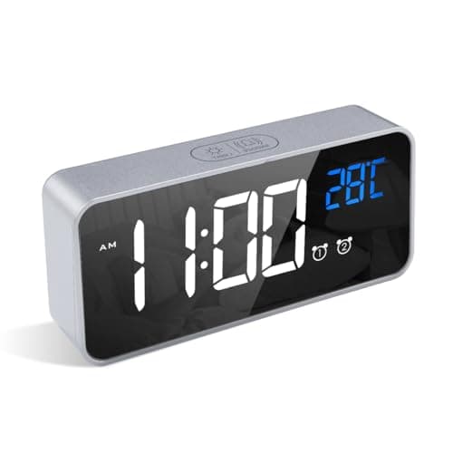 Image of LATEC Digital Bedside Clock with Big LED Temperature Display - Alarm with 10 Sounds, USB Charging, 4 Levels Brightness Dimmer, Snooze, Portable Mirror, Dual Alarm - Silver