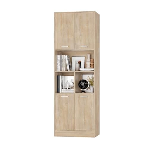 Image of FirFurd 180.5cm Tall Bookcase Oak Bookshelf with 4 Doors Living Room Bookcases Free Standing Storage Cupboard for Home Office 180.5x60x40cm