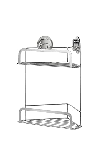 Image of Croydex Stick 'N' Lock Two Tier Corner Shower Caddy - Shower Shelf No Drilling Bathroom Storage Solution with Sticky Pad Easy-Clean 5 Year Rust-Free Guarantee with Chrome Plated Mild Steel