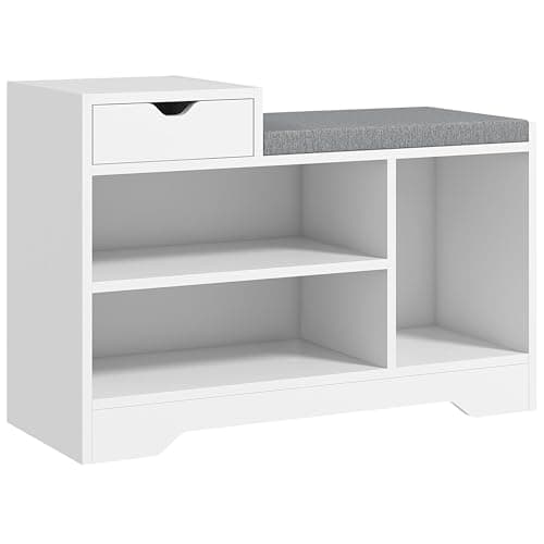 Image of HOMCOM Shoe Storage Bench, Shoe Rack Bench with Seating Cushion, Drawer, 3 Open Compartments and Table Top for Entryway, Hallway, White