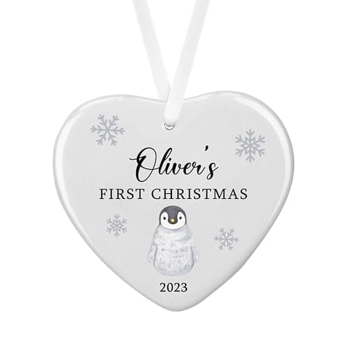 Image of Personalised Sentimental Keepsake Baby's First Christmas Penguin Ceramic Heart Hanging Tree Bauble Decoration Gift (Organza Gift Bag)
