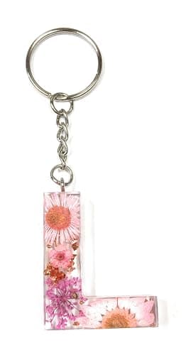 Image of Cotswold Crafts By Emma Personalised Handmade A-Z Letter Keyring with Pink Pressed Flowers and Rose Gold Foil – Custom Keychain Gift or Bag Charm for Women, Men, Kids, Handbags, or Backpacks- Letter L