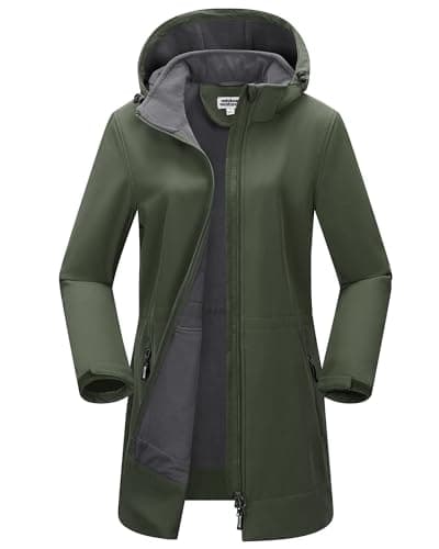 Image of Outdoor Ventures Women's Softshell Long Jacket with Hood Fleece Lined Windproof Jacket for Women Waterproof Windbreaker Dark Army Green L
