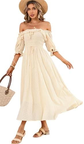 Image of R.Vivimos Women's Polka Dot Slim Half Sleeve Puff Flare Sleeve Square Neck Tie Long Midi Dress(Small,Beige#2)