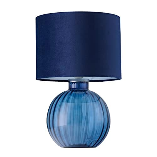 Image of Happy Homewares Contemporary Designer Midnight Blue Ribbed Glass Round Table Lamp with Matching Dark Navy Velvet Drum Shade | 1 x E27 60w Maximum | 42cm Height