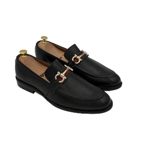 Image of PELLEVERO - Italy Men's Italian Leather Loafers, Classic Horsebit Design - Monarch Avenue (Black, UK Footwear Size System, Adult, Men, Numeric, Medium, 9)
