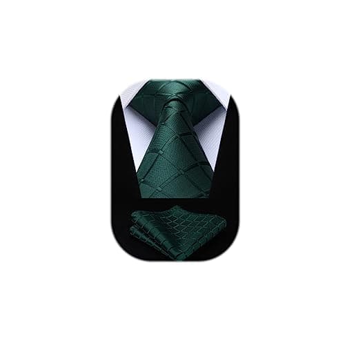 Image of HISDERN Check Classic Plaid Wedding Party Prom Tie Handkerchief Men's Necktie & Pocket Square Set, One Size, Green
