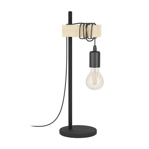 Image of Eglo Table lamp Townshend, Vintage Bedside lamp in Industrial Design, Retro Living Room Lighting, Black Metal and Natural Wood, FSC Certified, Socket E27, incl. Switch