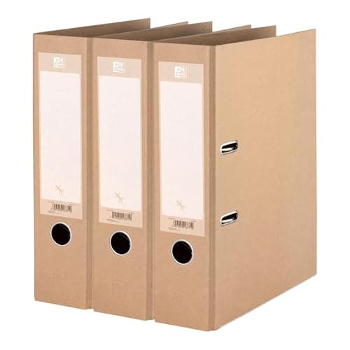 Image of Oxford A4 Lever Arch Files, Recycled Paper-on-Board Eco Filing Set, Natural Kraft Finish, 80 mm Spine Holds Up to 560 Sheets, Reinforced Metal Base, Pack of 3