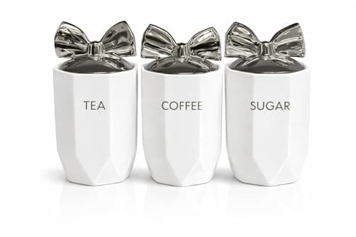Image of SHABJY White Silver 3pcs Marble Effect Ceramic Tea, Coffee & Sugar Canisters 15x11cm Kitchen Storage Jars with Silver Bow Lid Crystal Style Containers for Home Décor, Dining Table & Gift Set
