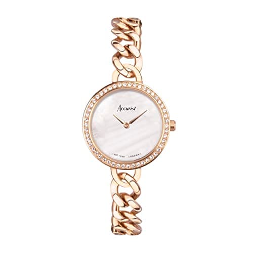 Image of Accurist Ladies Jewellery 28mm Quartz Watch in White with Analogue Display, and Rose Gold Stainless Steel Bracelet 78009