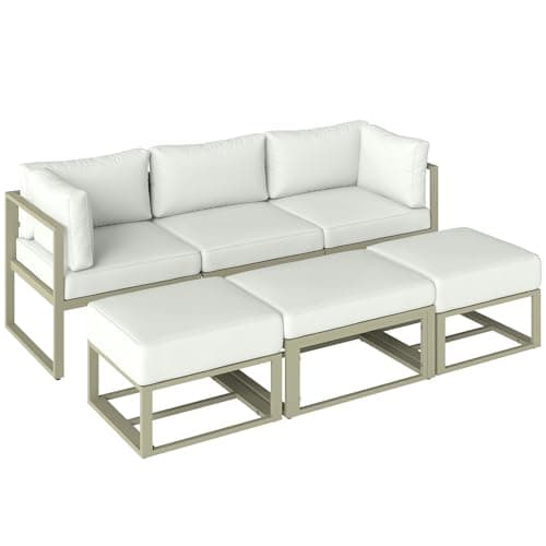 Image of Outsunny Garden Daybed, 6 Piece Outdoor Sectional Sofa Set, Aluminium Patio Conversation Furniture Set with Coffee Table, Footstool and Cushions, Cream White