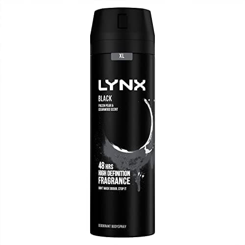 Image of Lynx Pack of 6 XL Black 48 Hours High-Definition Fresh Frozen Pear & Cedarwood Scent Body Spray Deodorant with dual-action odor-busting zinc technology, 200ml