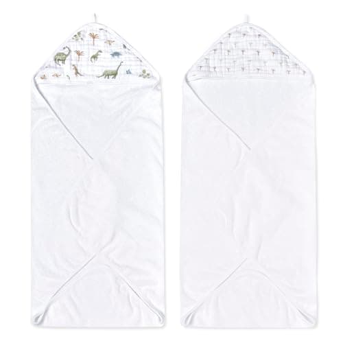 Image of aden + anais Essentials Hooded Baby Bath Towel, Super Soft 100% Cotton, 2 Pack, Dino Jungle