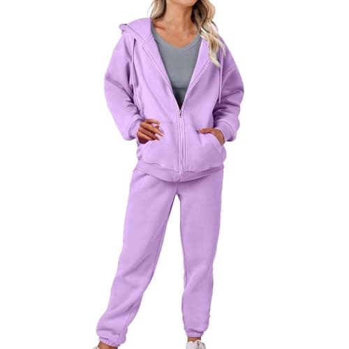 Image of EMUKFD women tracksuit,Purple Full Zip Hooded Sweatshirts Joggers Bottoms Two Piece Outfit Co Ord Sets Cozy Lounge Wear Activewear Leisurewear Airport Outfits Y2K Autumn Winter Fashion Clothing